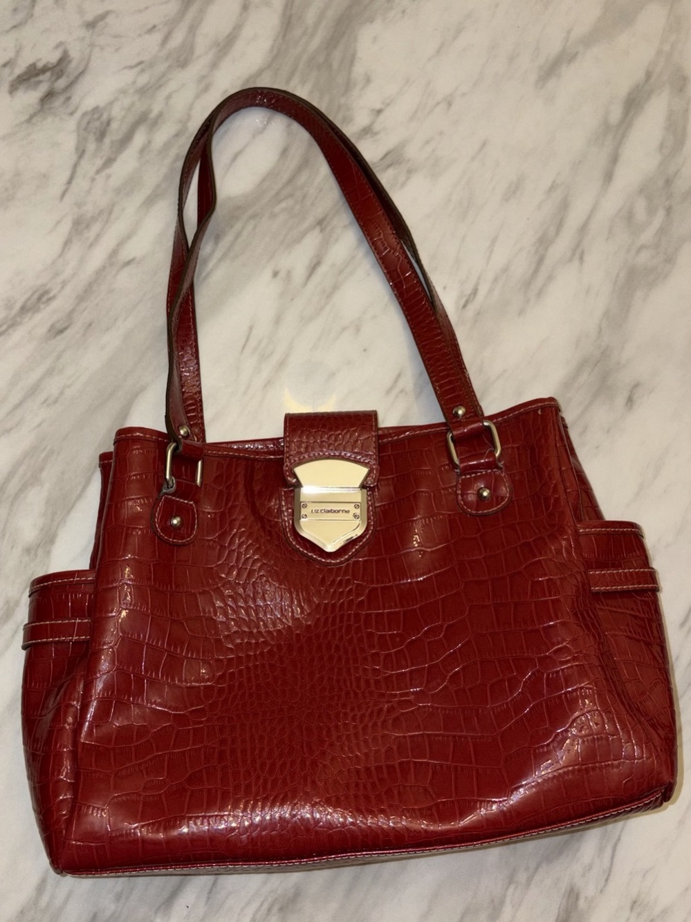 Liz Claiborne Red Croc Embossed Shoulder Bag Tote Purse